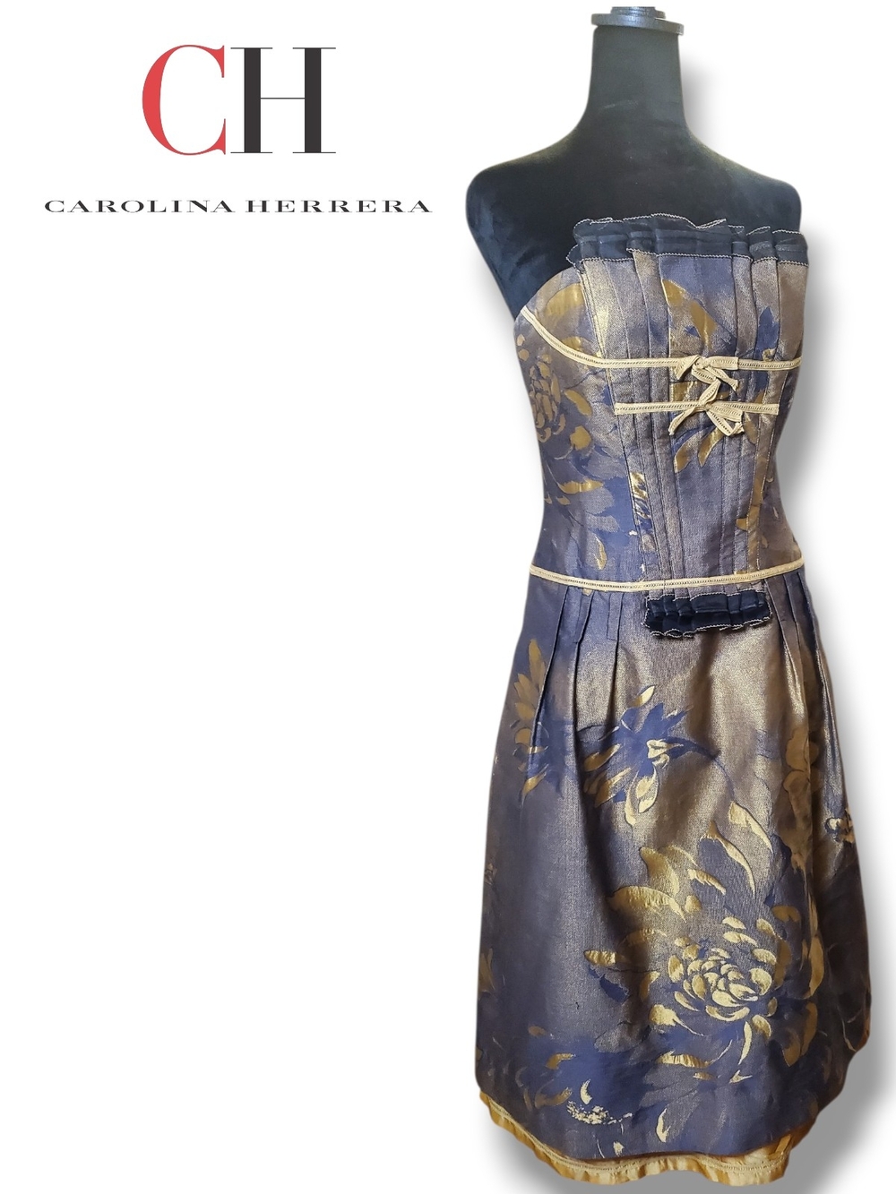 Carolina Herrera Navy Black & Gold Strapless Floral Jacquard Cocktail Dress 10